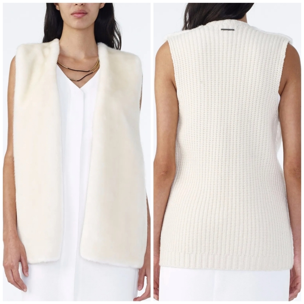 NWOT! Armani Exchange Ivory Cream Faux-Fur Plush Sleeveless Sweater Vest Large